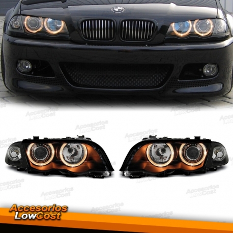 Faros delanteros de ojos de ángel amarillo - BMW E46 98-01 - Negro 