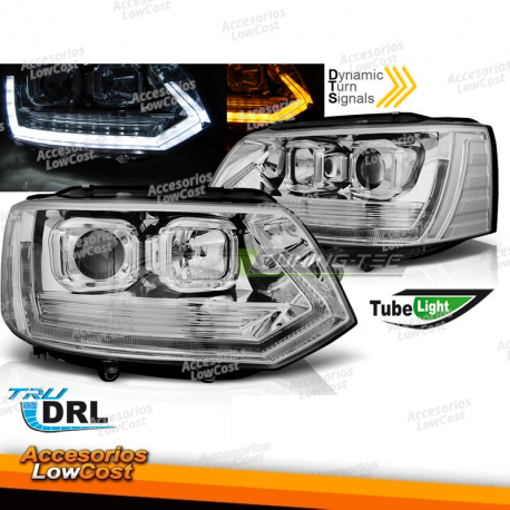 FARÓIS TUBO DE LUZ T6 OLHAR CROMADO compatível com VW T5 2010-2015