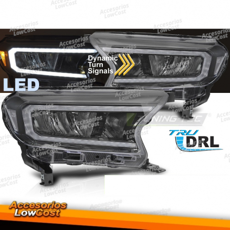 FARÓIS LED PRETOS PARA FORD RANGER V 16-22