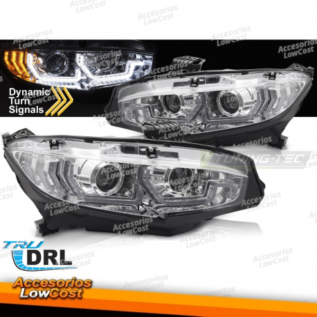 FAROS DELANTEROS CROMADOS DRL SEQ PARA HONDA CIVIC X 16-21