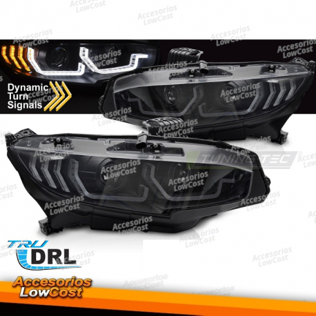 FAROS DELANTEROS NEGROS DRL SEQ PARA HONDA CIVIC X 16-21